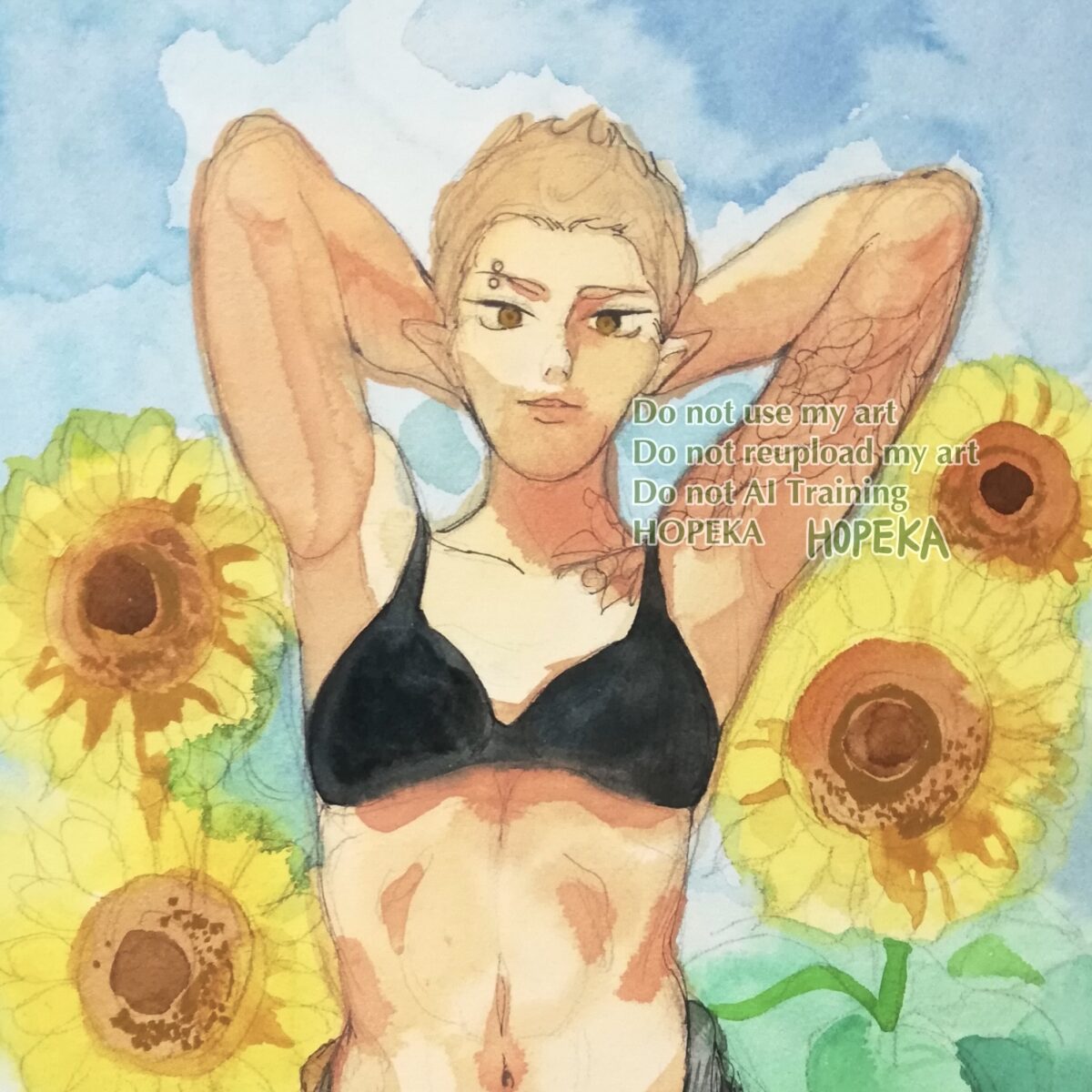 水彩画。両腕を上げた人物。下着姿。ひまわり畑。