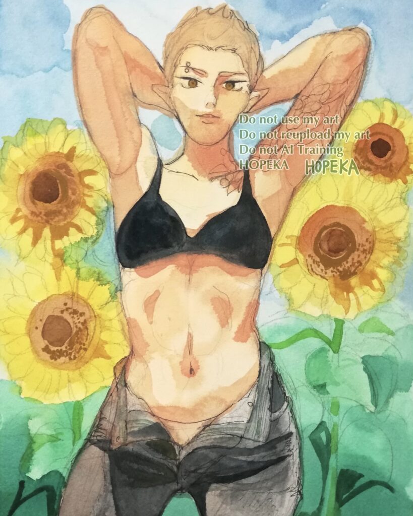 水彩画。両腕を上げて頭の後ろで手を組んだ人物。黒い下着とジーパン姿。背景は青空とひまわり畑。